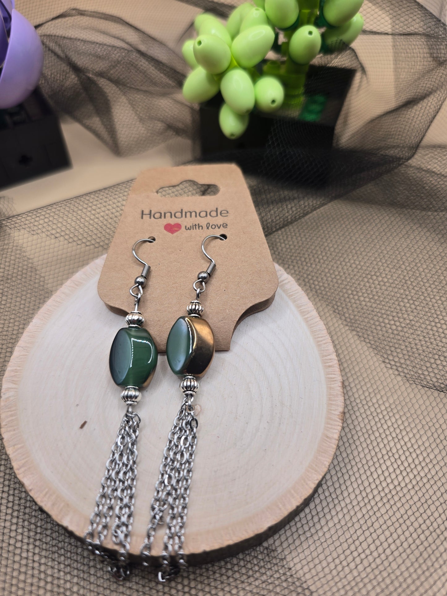 Iridescent glass bead dangle earrings